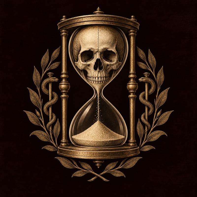 Memento Medica's bronze skull and hourglass emblem